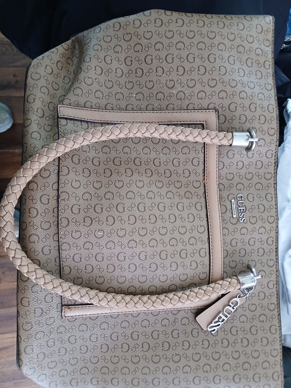 GUESS Tan Logo Tote with Braided Handles